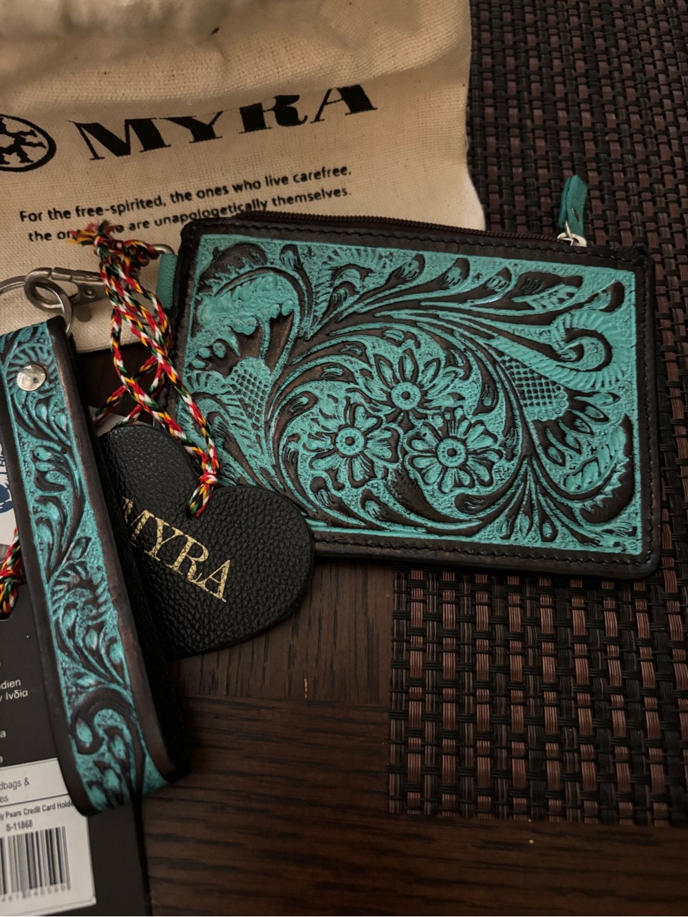 Myra Bag Teal and Black Hand-Tooled Leather Card Holder with Key Fob - Picture 5 of 5